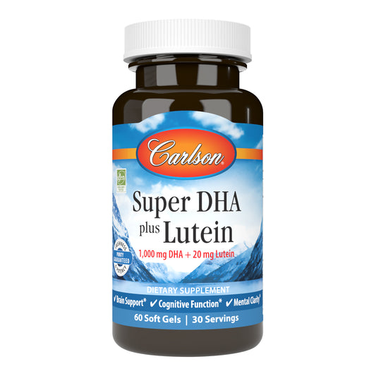 Super DHA + Lutein provides a special blend of lutein, zeaxanthin, meso-zeaxanthin, and the beneficial omega-3 DHA to promote brain health. sku_1881-UPC