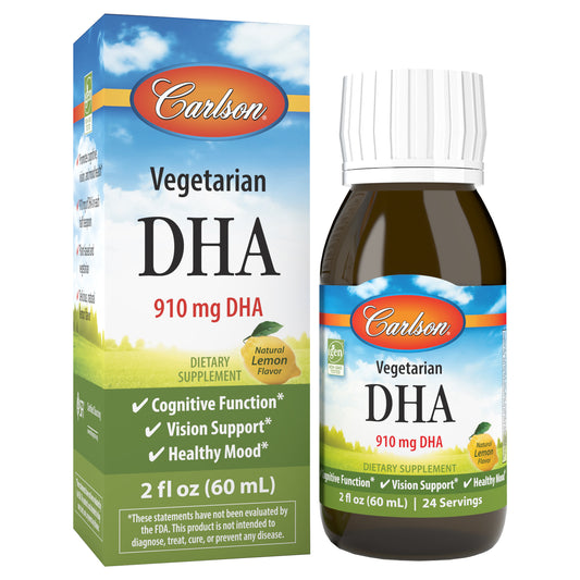 Carlson Vegetarian DHA provides 910 mg of DHA in a single half teaspoon and is tested by an FDA-registered laboratory for freshness, potency, and purity.