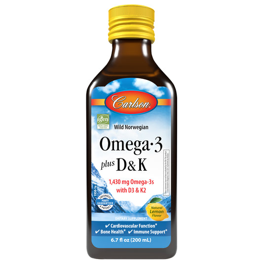 Omega-3 + D & K provides omega-3s, vitamin D3, and vitamin K2 as MK-7. 