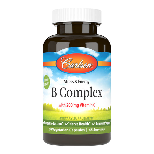 Carlson B Complex is formulated to provide all of the B-complex vitamins, plus vitamin C, to support energy production, nervous system health, and healthy immune function. b complex, vitamin b complex, vitamin b stress