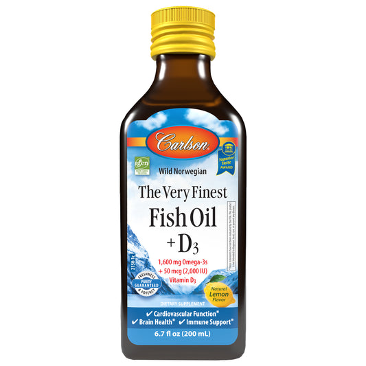 The Very Finest Fish Oil + D3 provides two of the most beneficial nutrients for whole body health in a single supplement. Carlson award-winning The Very Finest Fish Oil provides the omega-3s EPA, DHA, and DPA, which promote cardiovascular, brain, vision, and joint health. The addition of vitamin D3 supports bone, immune, heart, and muscle health.