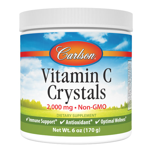 Vitamin C is an essential antioxidant for supporting healthy immune system, teeth, and gum health. Carlson Vitamin C Crystals, Non-GMO are made with pure vitamin C (ascorbic acid). Take a 1/2 teaspoon dissolved in water or juice one to two times daily. sku_3356-UPC