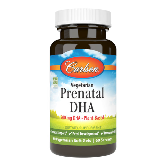 Vegetarian Prenatal DHA provides 500 mg of DHA in a single soft gel and is tested by an FDA-registered laboratory for freshness, potency, and purity.
