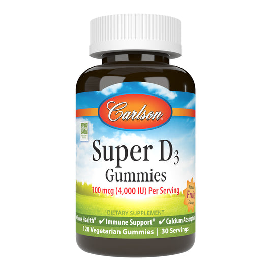 Super D3 Gummies provide 4,000 IU (100 mcg) of vitamin D3 per serving, which promotes teeth, bone, and muscle health.