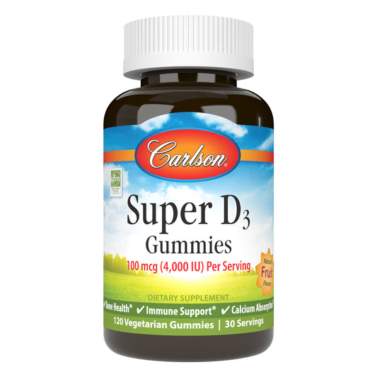 Super D3 Gummies provide 4,000 IU (100 mcg) of vitamin D3 per serving, which promotes teeth, bone, and muscle health.