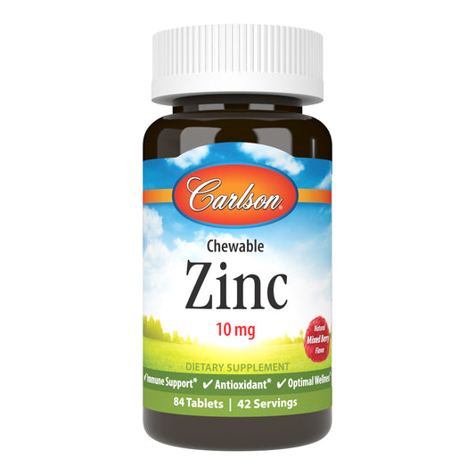 Kid's Chewable Zinc provides 5 mg of zinc in a single tablet, the recommended daily intake of the National Academy of Sciences for children ages 4 to 8. Kid's Chewable Zinc comes in fun animal-shaped chewables and has a delicious, natural mixed berry flavor that kids love. And like all Carlson products, it's tested by an FDA-registered laboratory for potency and quality. chewable zinc tablets, zinc for teens, chewable zinc. sku_5331