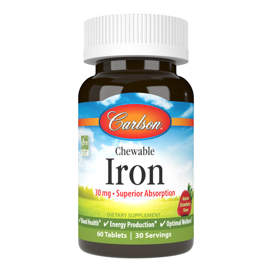 Every serving of Chewable Iron in delicious strawberry flavor provides 30 mg of iron to promote healthy blood, energy utilization, and immune function. sku_5591-UPC chewable iron tablets, chewable iron