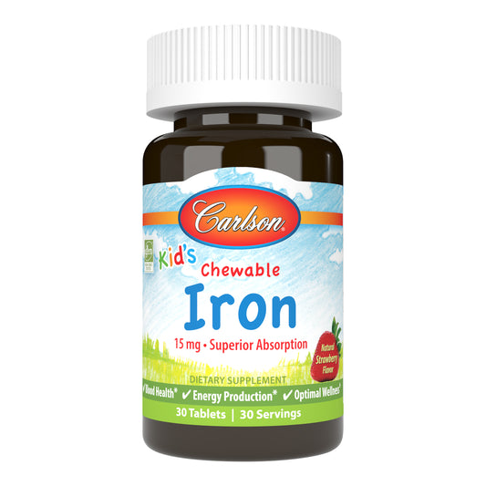 A single Kid's Chewable Iron strawberry-flavored tablet provides 15 mg of iron to promote healthy blood, energy utilization, and immune function. sku_5593-UPC