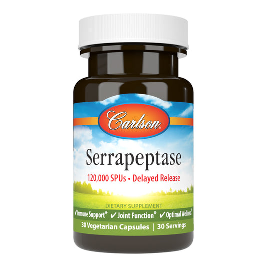 Each capsule of Carlson Serrapeptase provides 120,000 serrapeptase units (SPUs), delivered in timed-release vegetarian capsules. It's also specially designed to survive the harsh trip through the stomach without the use of chemicals or coatings, so it can reach the intestines for optimal absorption. Support your body's normal enzymatic activity with Carlson Serrapeptase.
