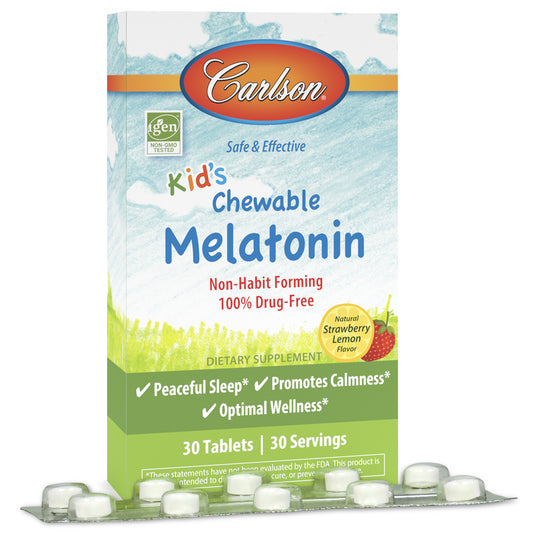 Kid's Chewable Melatonin is a non-habit-forming, natural sleep aid that's safe and effective for children ages 4+ who experience occasional sleeplessness. When taken one to two hours before bed, Kid's Chewable Melatonin helps regulate the natural sleep-wake cycle, so our children can establish a healthy sleep pattern. natural melatonin for kids, melatonin chewable tablets, chewable melatonin