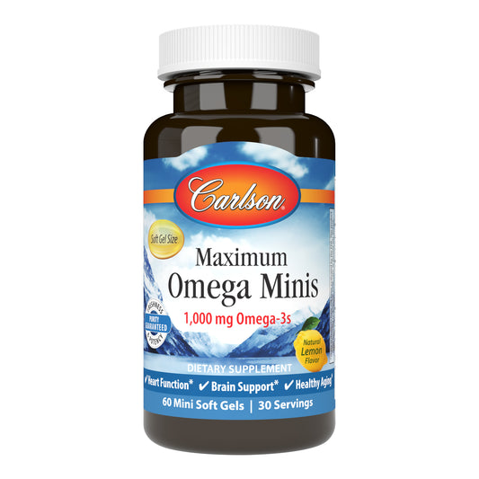 Maximum Omega Minis are encapsulated in mini soft gels and are tested by an FDA-registered laboratory for freshness, potency, and purity. sku_1842-UPC omega 3 mini gels