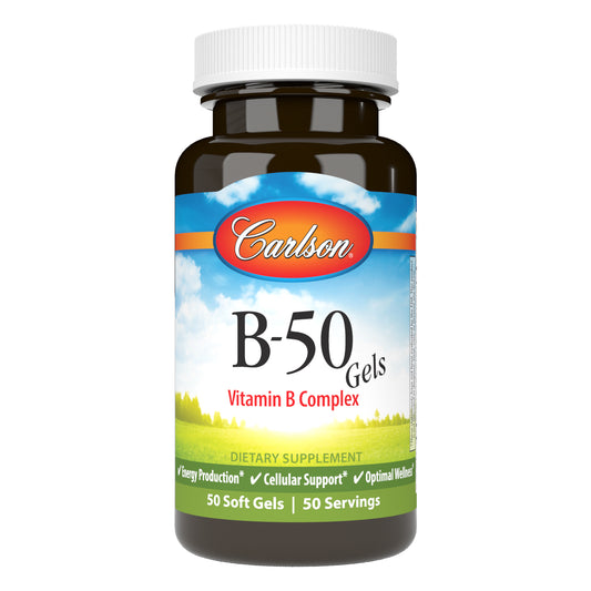 Carlson B-50 Gels are a blend of the important B-complex vitamins, designed so you can conveniently get your daily dose of vitamin B in one soft gel. sku_2060-UPC vitamin b 50, b 50 complex