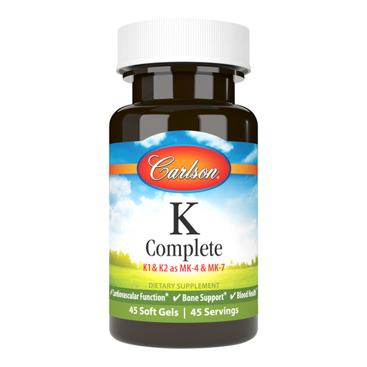 A single K Complete soft gel provides 500 mcg of vitamin K1, 1.5 mg of vitamin K2 as MK-4, and 45 mcg of vitamin K2 as MK-7 for a powerful kick of K. sku_1041-UPC vitamin k2 mk7 vs mk4