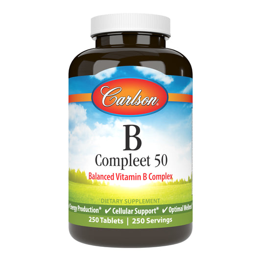 Carlson B Compleet is a balanced blend of the important B-complex vitamins, which support healthy energy production, cellular health, and optimal wellness. sku_2022-UPC balanced b 50