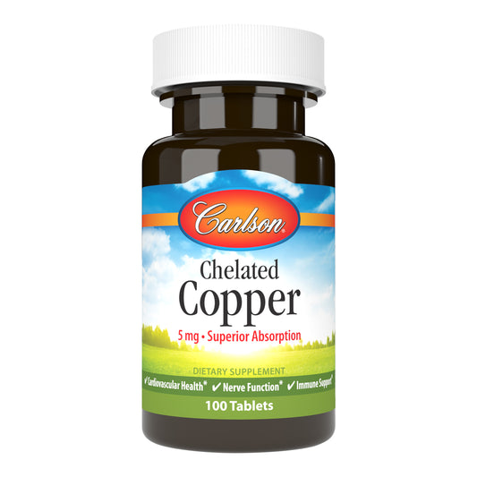 Carlson Chelated Copper promotes cardiovascular, nervous, and immune system health and supports cellular metabolism and connective tissue formation.​ sku_5541 copper supplement, chelated copper, copper tablets, chelated copper benefits