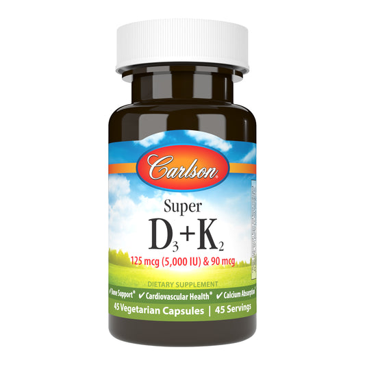 Super D3 + K2 provides a high-potency blend of vitamins D3 and K2 as MK-7, which work synergistically to support the cardiovascular system and promote bone health. sku_1091