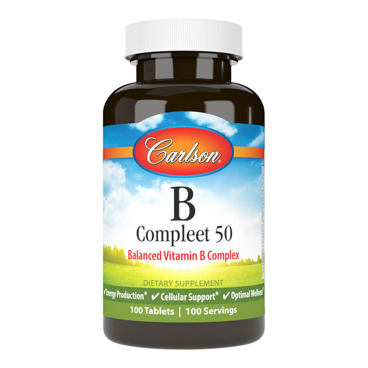 Carlson B Compleet is a balanced blend of the important B-complex vitamins, which support healthy energy production, cellular health, and optimal wellness. sku_2021 balanced b 50