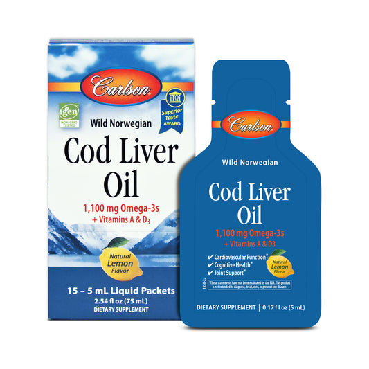 Carlson Norwegian Cod Liver Oil is now available in convenient, single-serving packets for on the go - great for a purse, work bag, gym bag, or traveling. 