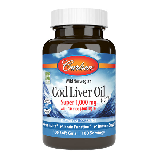 Cod Liver Oil Gems, Super 1,000 mg contains 1,000 mg of Norwegian cod liver oil per soft gel, providing important omega-3s EPA and DHA. sku_1301-UPC