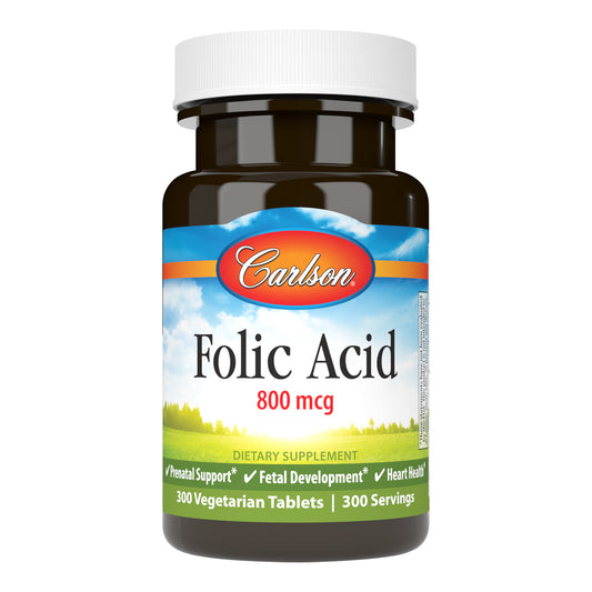 Carlson Folic Acid 800 mcg provides important B vitamins for women who are pregnant or may become pregnant. sku_2663-UPC 800 mcg folic acid