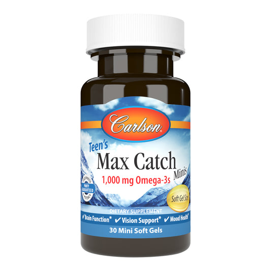 Teen’s Max Catch Minis provide a highly concentrated dose of 1,000 mg of omega-3s per serving, including 600 mg of EPA and 400 mg of DHA, in easy-to-swallow mini soft gels. sku_1840-UPC