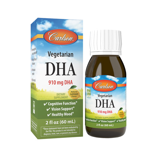Carlson Vegetarian DHA provides 910 mg of DHA in a single half teaspoon and is tested by an FDA-registered laboratory for freshness, potency, and purity.