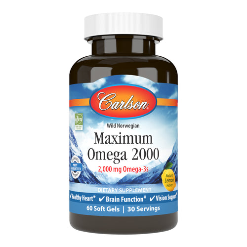 Maximum Omega 2000 provides 2,000 mg of omega-3s per serving, including 1,250 mg of EPA and 500 mg of DHA to promote heart, brain, vision, and joint health. sku_1720-UPC carlson maximum omega 2000, 2000 mg fish oil, omega 3 2000 mg