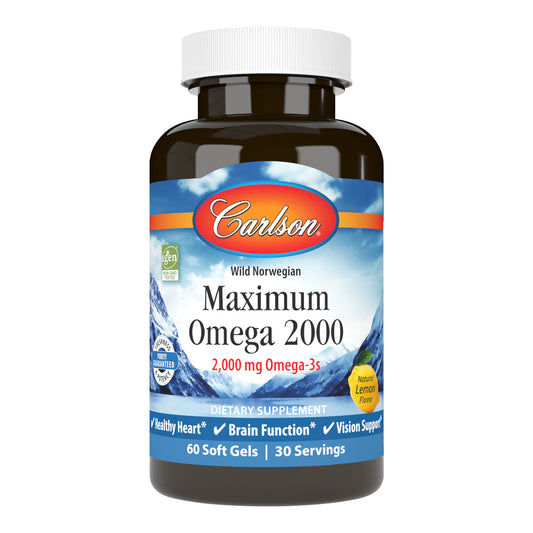 Maximum Omega 2000 provides 2,000 mg of omega-3s per serving, including 1,250 mg of EPA and 500 mg of DHA to promote heart, brain, vision, and joint health. sku_1720-UPC carlson maximum omega 2000, 2000 mg fish oil, omega 3 2000 mg